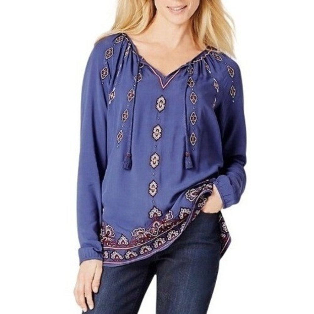 J Jill Womens XL Blue Embroidered Tassel Tie Neck Long Sleeve Tunic‎ Top